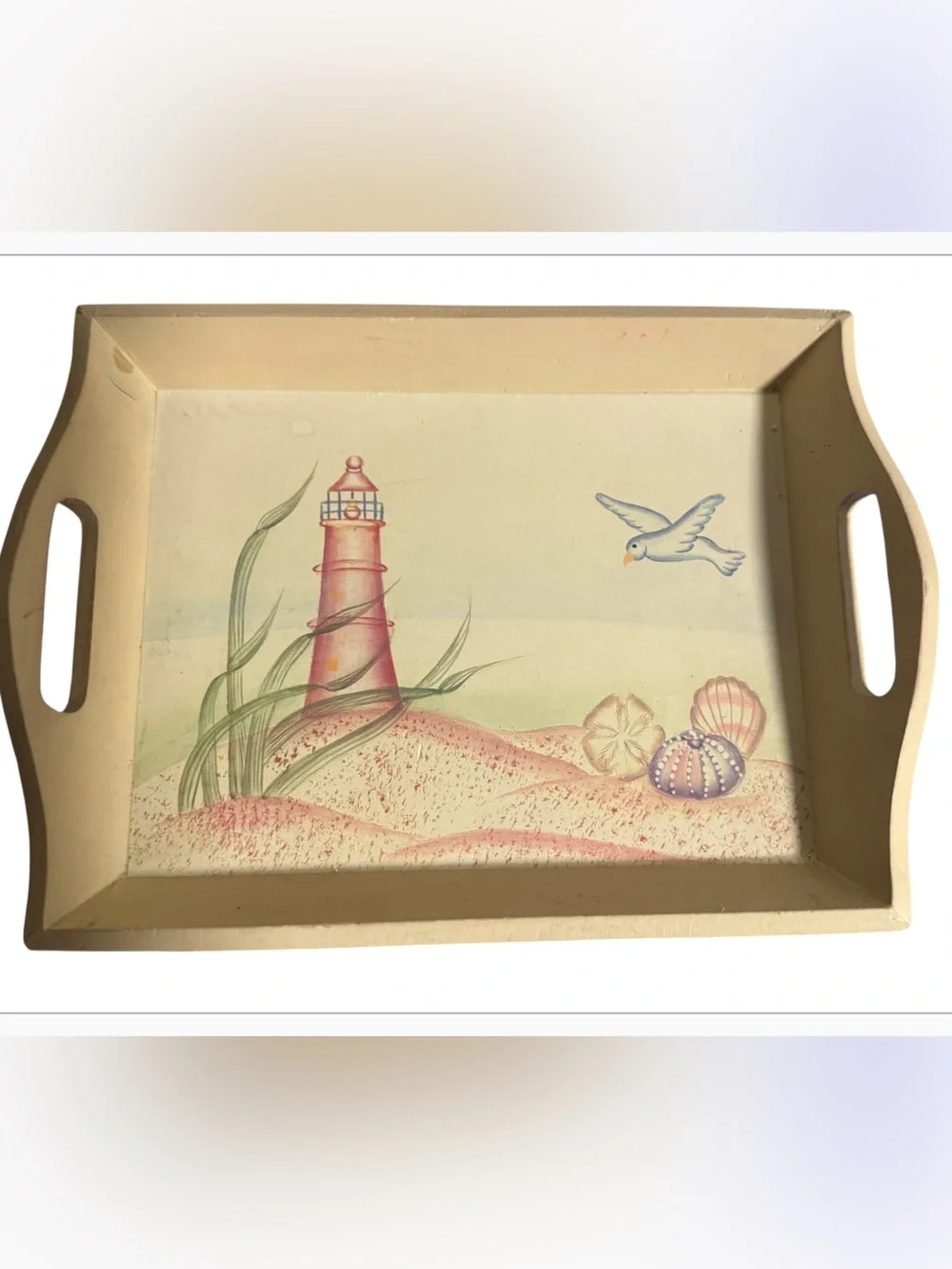 Vintage Coastal Lighthouse Serving Tray in Cream with Pastel Accents